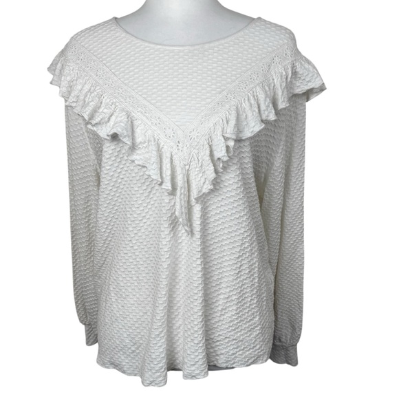 J. Crew Tops - J. Crew White Honeycomb Ruffle Textured Long Sleeve Blouse Top Large